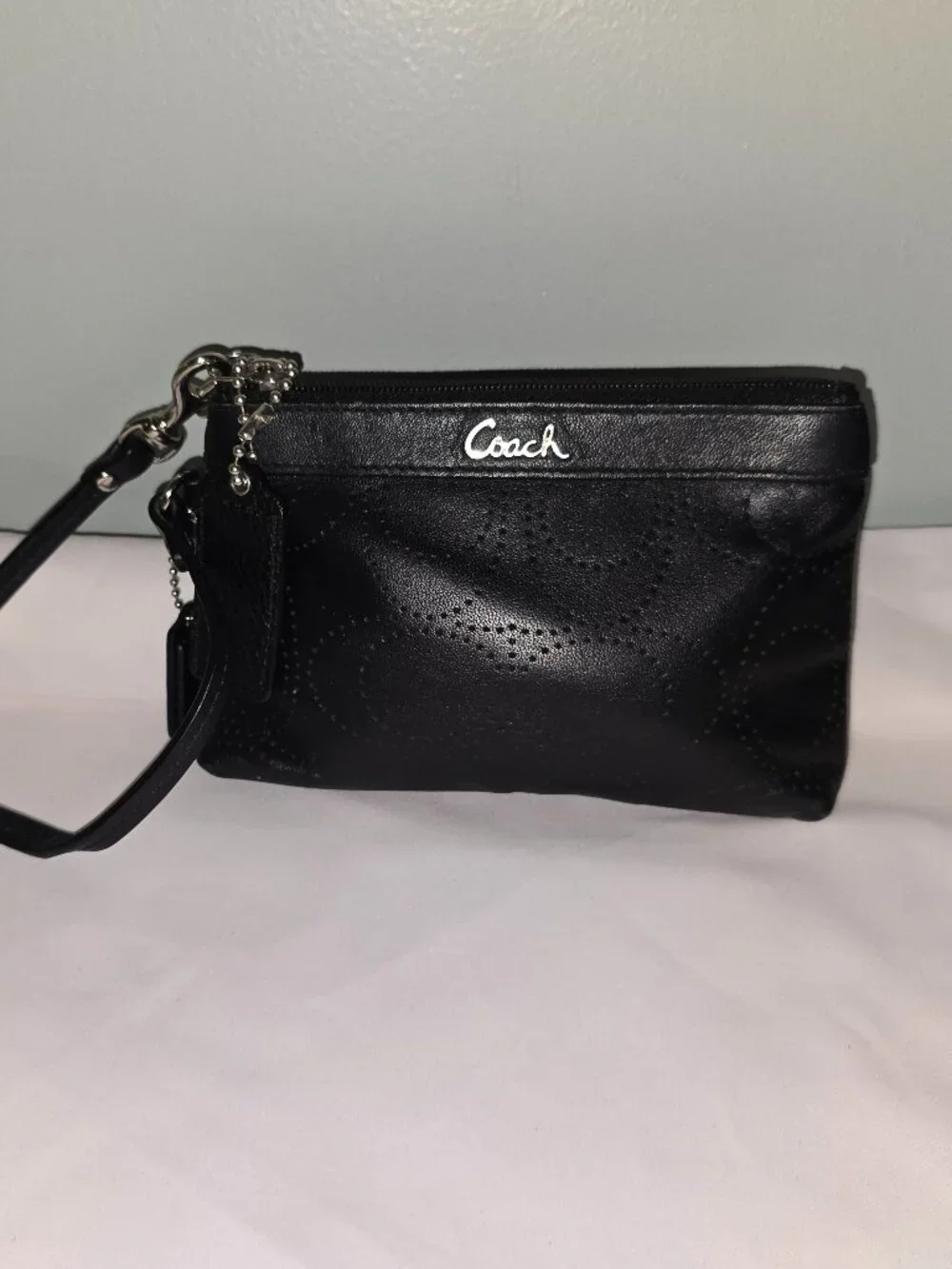 Coach Signature Perforated C Wristlet in Black Leather, Gently Used Contition